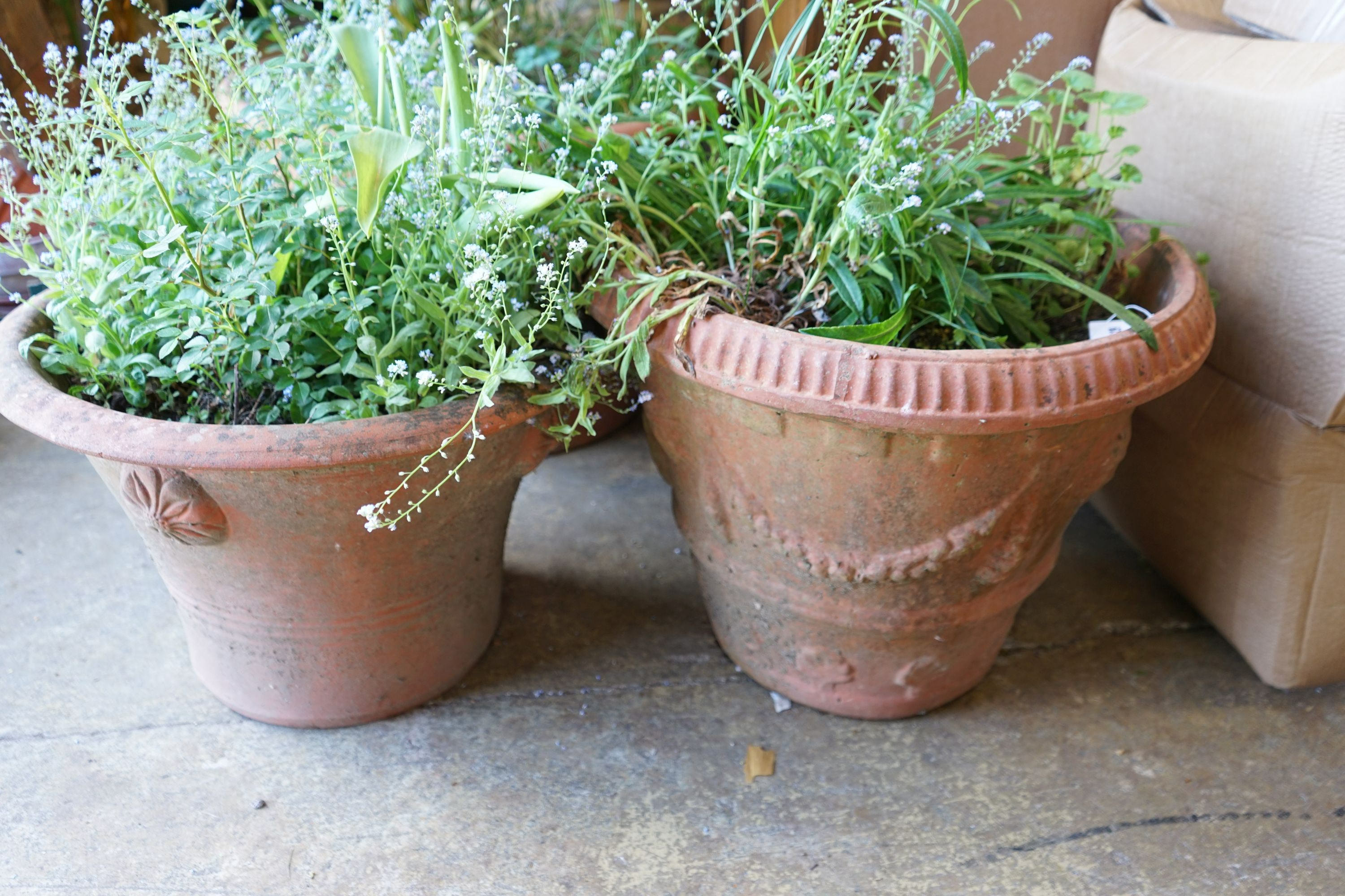 Three circular terracotta garden planters, largest diameter 77cm height 45cm